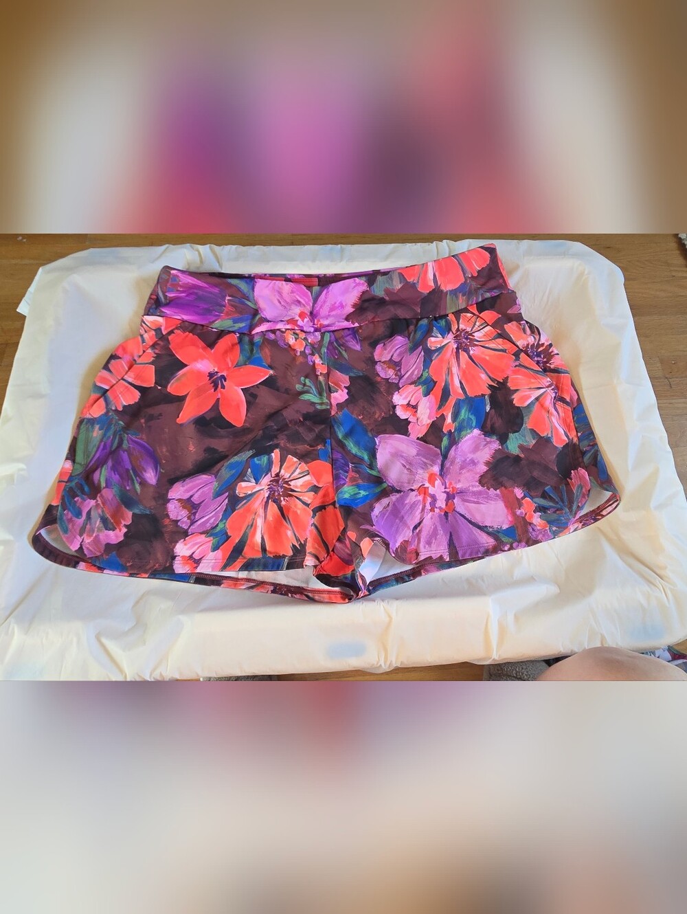 Alaskan Hardgear Floral Swim Shorts With Liner in Coral, Red, & Purple on Brown
